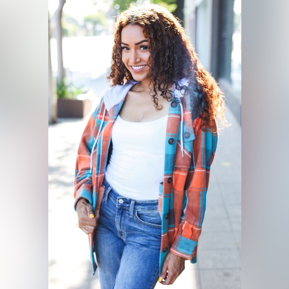 Teal Blue, & Orange Plaid Button Down Hooded Flannel, Medium Shacket, USA Made - Picture 5 of 14